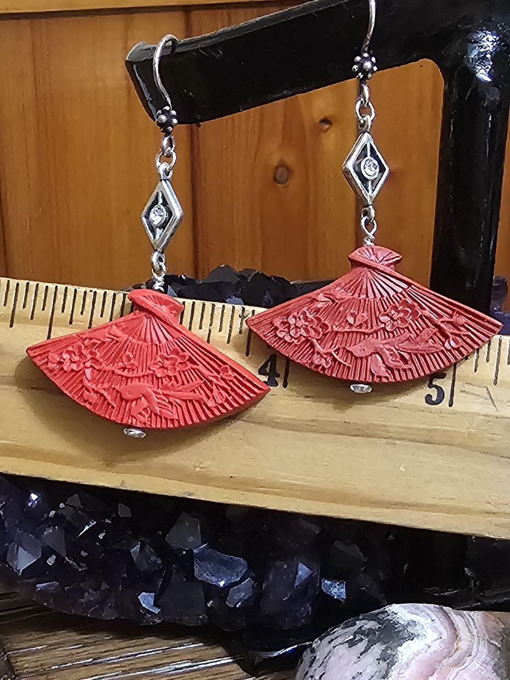 Carved Red Fan Dangle Earrings, Handmade Beauties!